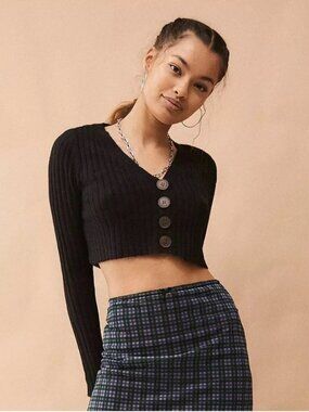 Urban Outfitters Rose Ribbed Cardigan in Black, Cropped, Chunky Buttons, XS